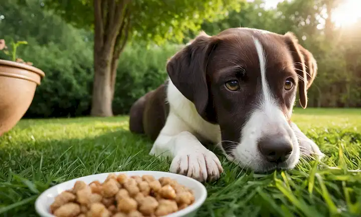 Un perro acostado en una hierba verde, junto a un cuenco lleno de comida nutritiva, un cachorro feliz y curioso oliendo alrededor, un hermoso jardín en el fondo, la luz del sol filtrando a través de los árboles, un ambiente tranquilo