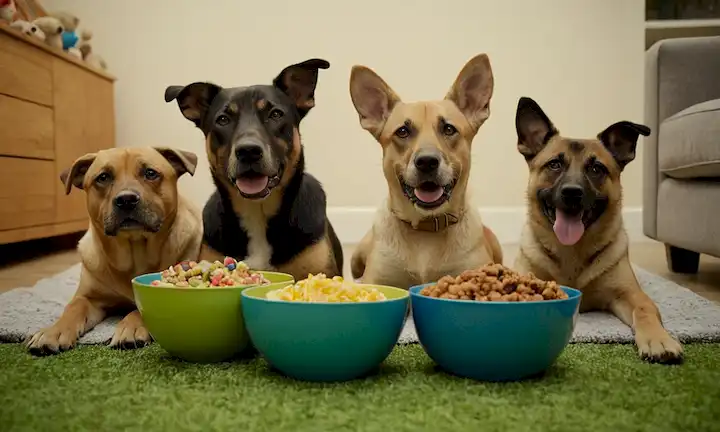 3-4 perros con diferentes razas y tamaños, sentados en un suelo de hierba, disfrutando de cuencos coloridos de comida, rodeado de juguetes y golosinas, con expresiones faciales felices
