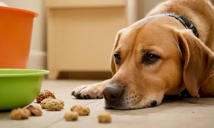 Un perro mirando aburrido, tumbado en un piso con comida dispersa, rodeado de juguetes y golosinas, o un perro olfateando en un tazón vacío, con migajas y kibble dispersos alrededor de él, o un perro sentado frente a su cuenco de comida, mirando algo fuera de la cámara, o un perro con una cara expresionable, pavimentando un recipiente de comida vacía, etc