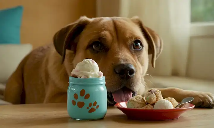 caras de perro 3D con diferentes expresiones, cucharas coloridas, formas de comida lúdica, un tazón con un ascensor de patas, golosinas en un frasco, un cachorro feliz lamiendo un cono de helado, y una mano que ofrece un aperitivo