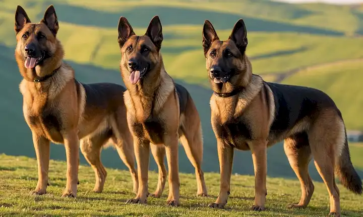 3 perros de pie juntos, dos Malinois belgas y un pastor alemán, rodeado de un fondo borroso de colinas rodantes, con la luz del sol caliente echando sombras largas, cada perro con expresión de alerta, colas sostenidas alto, orejas erectas, abrigos brillando en tonos dorados