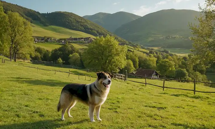 Una cordillera serena, un perro pastor suave de pie orgulloso, exuberante hierba verde, cálida luz solar filtrando a través de árboles, un ambiente tranquilo, cercas rústicas, colinas rodantes, pueblos pintorescos en la distancia, belleza natural, entorno tranquilo
