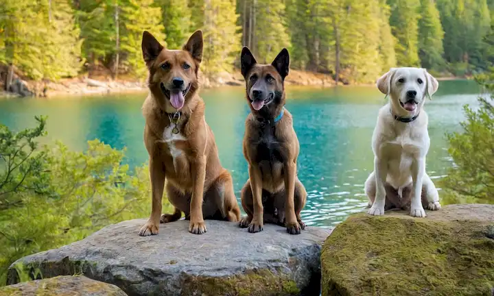 3 perros jugando cerca de un lago azul, un perro sentado en la roca, dos perros detrás de ella con expresiones excitadas, bosque verde en el fondo, luz del sol brillando a través de árboles, ambiente feliz y tranquilo