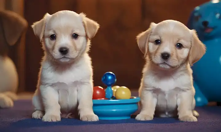 2 cachorros adorables, rodeados de objetos azules, en un entorno lúdico, con un incidente peculiar, cambio de color inesperado, atmósfera caprichosa, colores brillantes, ilustración estilo de dibujos animados
