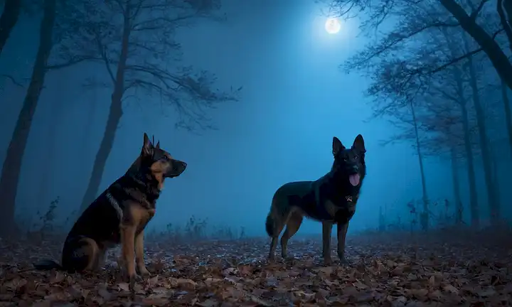 2 perros, fondo azul, niebla extraña, ojos brillantes, bosque iluminado por la luna, niebla misteriosa, árboles caprichosos