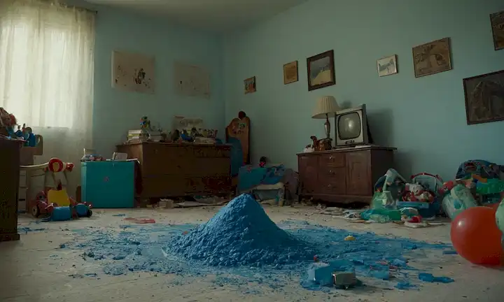3 pitufos (azul, feliz, confuso), una sustancia azul esparcida en tierra, una sala desordenada, juguetes esparcidos, una expresión curiosa, un ligero toque de magia, atmósfera caprichosa
