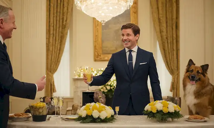 Un ambiente cálido y dorado con un perro furioso de pie sobre sus patas traseras, con un traje y corbata, con confianza girando hacia un presidente sentado de Irlanda que está sonriendo calurosamente; el presidente tiene una expresión suave y sostiene un plato de mimosas en sus manos; un ambiente festivo con globos y confeti que los rodea
