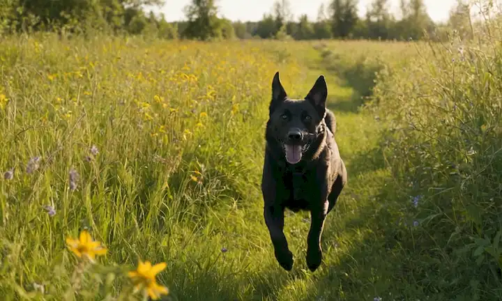 Un perro corriendo en un campo, con un artículo de olor en la pata, bajo la luz del sol, en medio de hierba alta y flores silvestres, rodeado de árboles, transmitiendo emoción y propósito