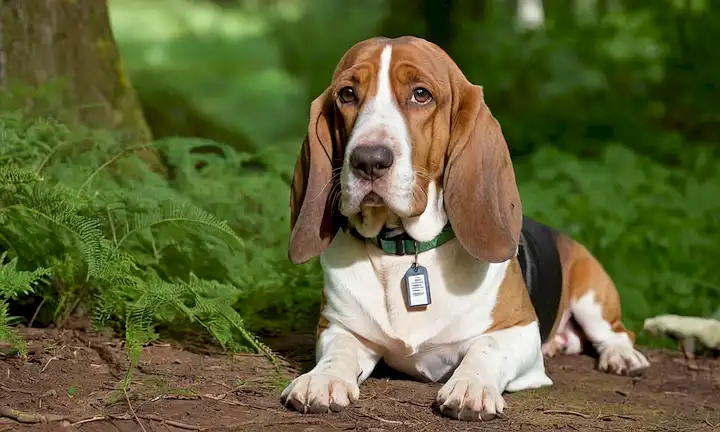 Un basset con orejas flojas y cara arrugada, en un ambiente verde rodeado de árboles y arbustos, sentado o acostado, mirando curioso y relajado, usando un collar con etiquetas, teniendo su lengua fuera, posiblemente con un pequeño objeto o juguete cerca