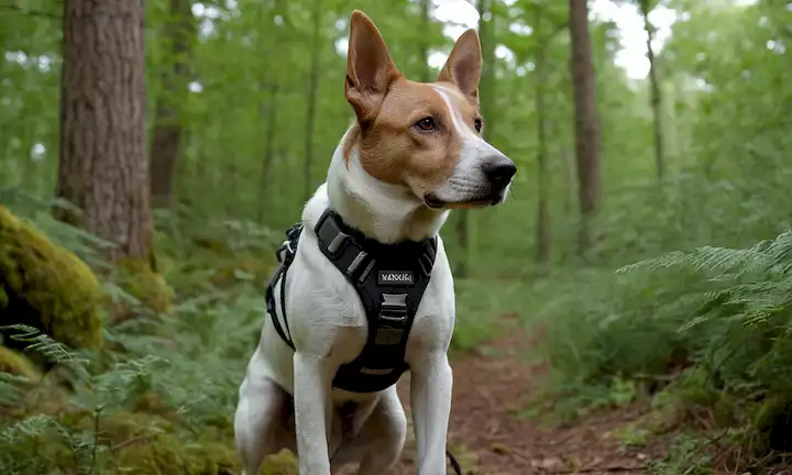un perro enfocado en modo de alerta, con sus orejas arriba y la cola alta, usando un arnés de rastreo o chaleco, pasando por follaje denso, siguiendo un rastro de olor, en un entorno natural al aire libre como bosque, prado o madera