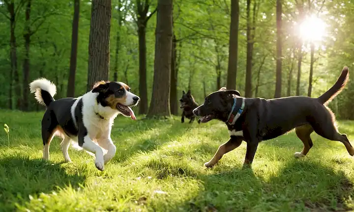 4 perros de diferentes razas olfateando, explorando, corriendo, saltando, jugando juntos en un bosque o parque, con luz solar brillante y exuberante vegetación