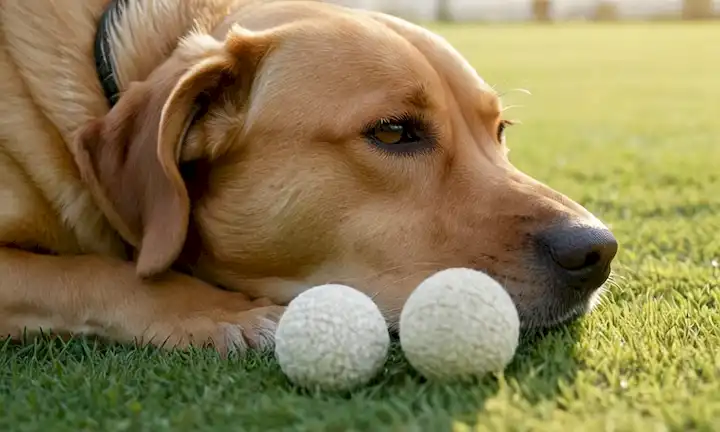 3D rendering of a dogs paws with minor bites, a concerned owner petting the dogs head, a ball lying nearby, a background of soft grass or tape, morning sun casting warm light, no distracciones or clutter