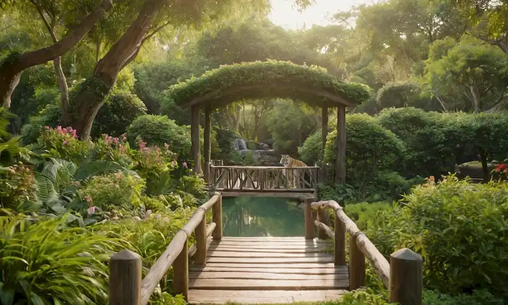 3 cachorros tigres lúdicos rodeados de vegetación exuberante, un estanque sereno en el fondo, un puente de madera cruzando sobre él, una puerta de jardín lápida en el primer plano, suave luz solar filtrando a través de los árboles