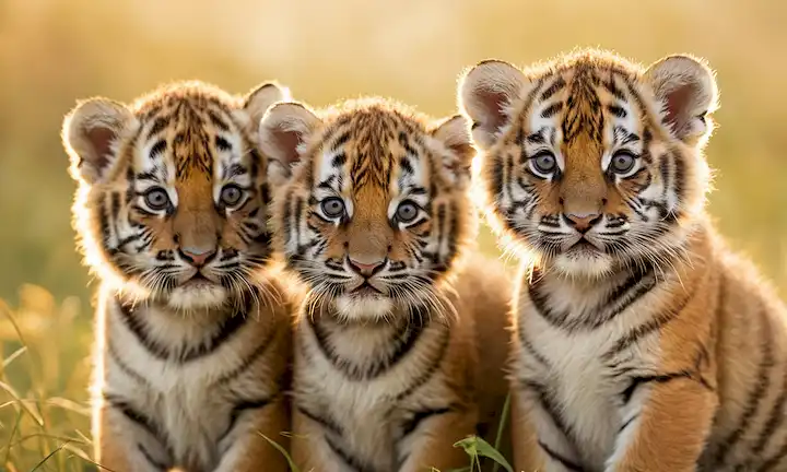 3 cachorros de tigre con grandes ojos redondos, rodeado de una niebla de enfoque suave, una cálida luz dorada, un estilo de ilustración caprichosa, rizos juguetonos y piel suelta, un sentido de inocencia y maravilla, un sutil toque de aventura, un delicado marco dibujado a mano, una paleta de color muda, un ambiente soñado