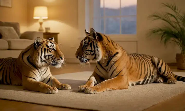 Un ambiente cálido y acogedor con un perro suave que se acerca a los cachorros de tigre lúdicos, iluminación suave iluminando la escena, expresiones felices en las caras de los animales, y un sentido de interacción alegre entre las especies, todo puesto en un fondo borroso