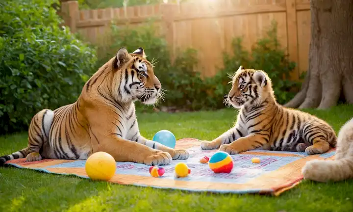 3 tigres lindos jugando con su madre en un patio trasero brillante y colorido; tigre mamá sentado en una manta rodeada de juguetes y aperitivos; cachorros tigres adorables arrastrando y trepando alrededor de ella; atmósfera juguetona con luz solar filtrando a través de árboles