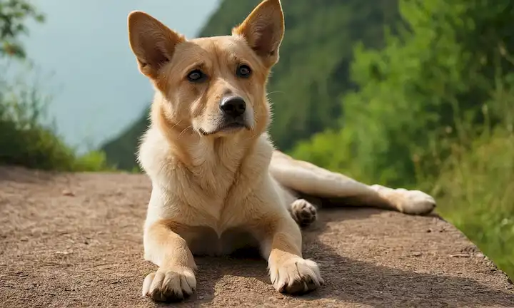 criatura de 4 patas, sentada, patas en zapatos, expresión suave, pose relajada, entorno natural, ambiente tranquilo