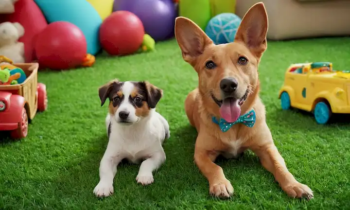 ilustración 3D de un perro en entornos casuales, con zapatos coloridos o botines con diseños únicos, en una hierba verde brillante, rodeado de juguetes y golosinas