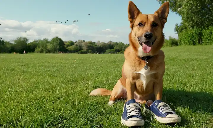 Un perro con zapatos, sentado cómodamente en un parque de césped, cerca de unos pocos insectos volando alrededor, con un ambiente tranquilo y tranquilo