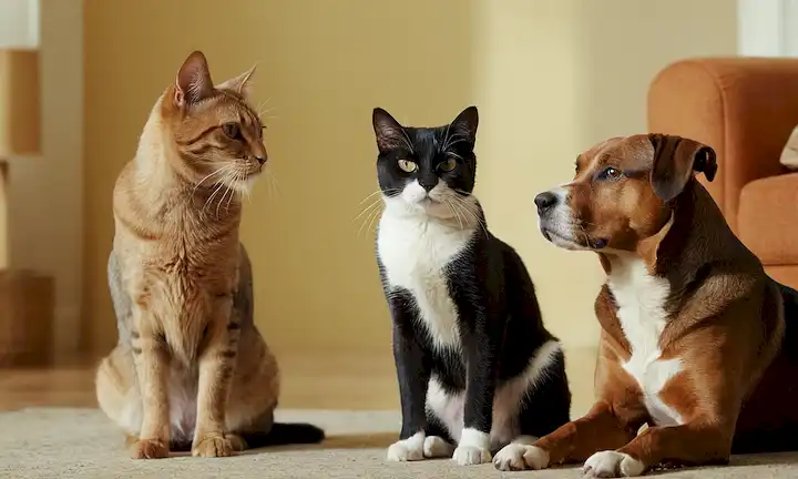2 animales, un gato y un perro, sentados en lados opuestos, interactuando entre sí de manera lúdica o curiosa, en un fondo neutro, posiblemente un salón o parque, con sutiles expresiones faciales, transmitiendo la amistad potencial o rivalidad, sugiriendo el tema de los artículos sobre influenciar la personalidad humana