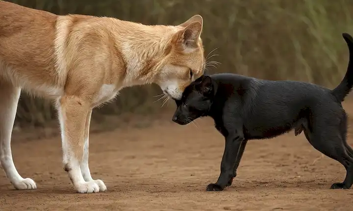2 animales en un entorno competitivo, características femeninas y caninas resaltadas, pose dinámica, ojos encerrados uno en el otro, colas retorcidas, sutil insinuación de la lucha de dominación, paleta de color muda