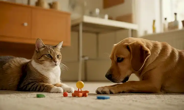 Un gato juguetón y un perro animado en un entorno amistoso, tal vez compartiendo golosinas o jugando con juguetes, con una sutil pista de un fondo de laboratorio científico, representando el tema de los títulos de explorar personalidades femeninas y caninas, con colores cálidos y un sentido de capricho, destacando la curiosidad de la conexión humana con animales