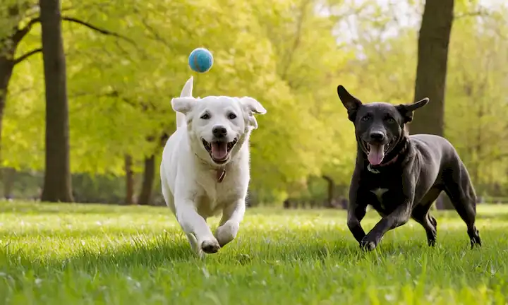 3 amistosos perros, jugando al fetch con un juguete, al aire libre en un parque soleado, en terreno pastoso, rodeado de árboles, caras sonrientes, movimientos energéticos, atmósfera alegre