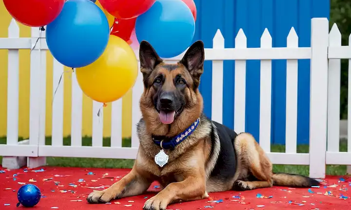 Un perro de policía sonriente con una placa en su cuello, rodeado de globos coloridos y confeti, sentado frente a una cerca de piquete blanco, con una alfombra roja rodada debajo, contra un fondo azul brillante, con sombras sutiles y destacados para enfatizar la textura de la piel y la tela