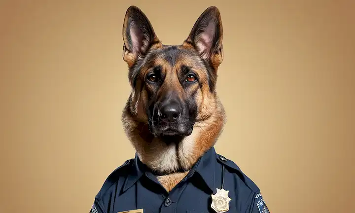 ilustración de estilo 80, perro policía en uniforme, raza de pastor alemán, gafas de sol, expresión seria, de pie derecho en patas traseras, con una placa o tarjeta de identificación, con un sutil toque de entorno urbano