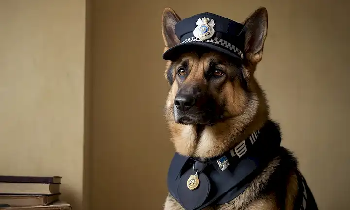 Aleman de estilo 1950 Shepherd police dog de pie orgullosamente con insignia en el cuello, usando una gorra y sosteniendo un pequeño cuaderno, mirando al espectador con una expresión seria, rodeado de sombras sutiles para transmitir un sentido de profundidad y atmósfera