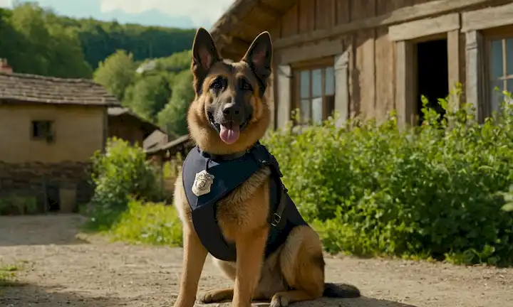 1920-1940s campiña europea, un pequeño pueblo, un perro pastor alemán en uniforme policial de pie orgulloso, una cara alegre, un toque de insignia en el pecho, posiblemente sosteniendo un juguete o un regalo, rodeado de exuberante vegetación y edificios rústicos, cálida luz del sol