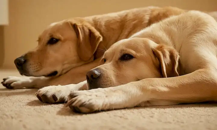 Una toma de cerca de un vientre de perros embarazadas, con sus patas y la cabeza ligeramente borrosa, un enfoque suave en su abdomen hinchado, una suave iluminación cálida, sombras sutiles en su piel, un beige reconfortante o fondo dorado, sin distracciones en el marco