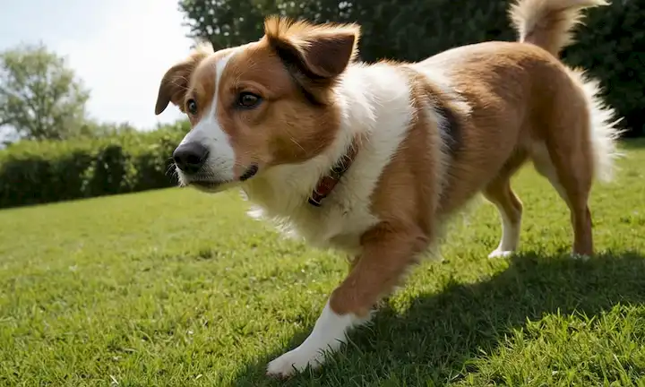 Un perro embarazada, humedeciendo el suelo con incomodidad, patas torcidas de ancho, orejas de espalda, cola atorada, ojos destornillados, fosas nasales flar, y piel oxidada