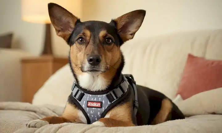 Un disparo de cerca de un perro femenino relajado cara con orejas arriba, ojos suaves mirando recto, y una expresión tranquila, usando un arnés o correa, rodeado de elementos de fondo calmantes como almohadas suaves, juguetes, o una manta reconfortante