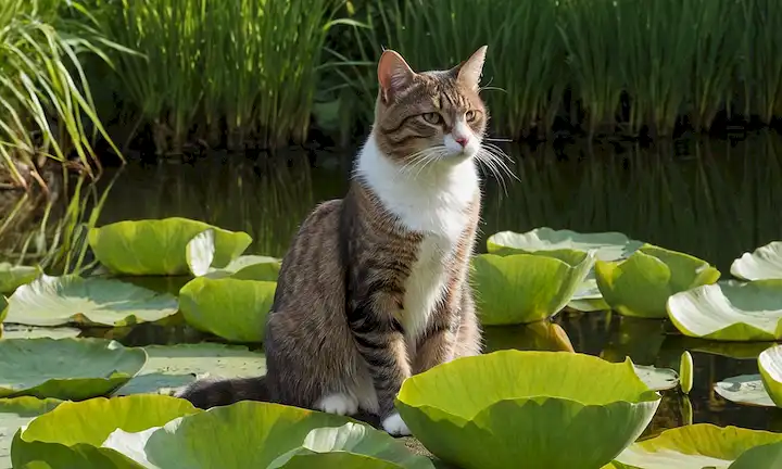 un gato tranquilo con un abrigo saludable, sentado en terrenos pastosos, rodeado de lirios de agua, cerca de un estanque sereno, con la luz del sol arrojando sombras suaves