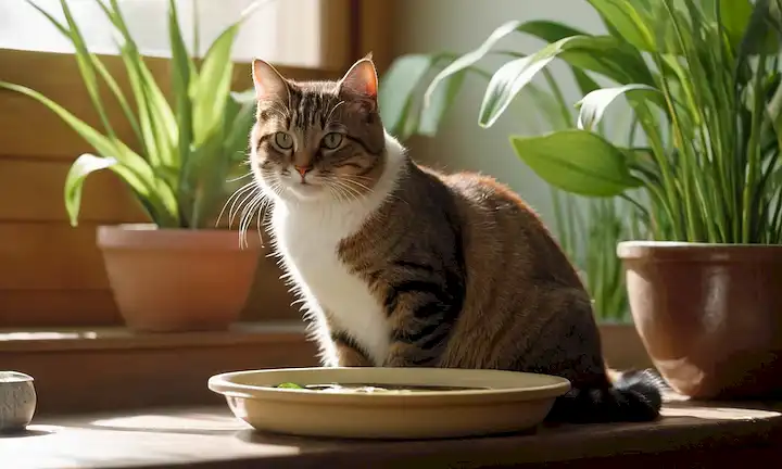 Un gato feliz sentado junto a un tazón de agua fresca, con unas pocas almohadillas y plantas alrededor, la cálida luz del sol echando un ambiente acogedor, sin desorden ni distracciones, sólo se centran en la hidratación