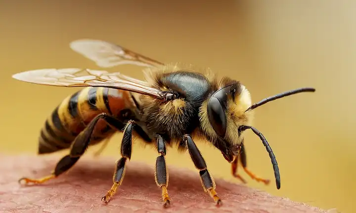 primer plano de abeja o avispa sobre mascotas peludas, perros arrugados en el dolor, entorno borroso, tono de color cálido, ligero movimiento borroso de la velocidad de obturación rápida de la cámara, centrado en la abeja / arruga y la reacción de las mascotas, sin elementos distraíntes en el marco