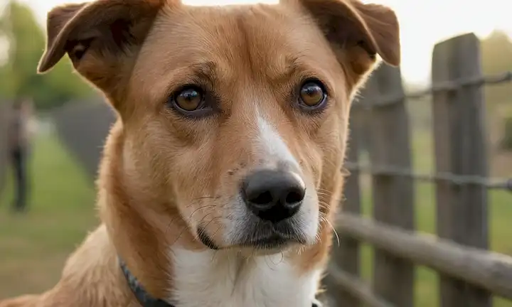 Un disparo de cerca de una cara de perros perdidos con ojos preocupados, rodeado de fondo borroso fuera de foco, una cerca o pared en la distancia, una persona que busca en primer plano, y un sutil toque de luz solar filtrando a través de la escena