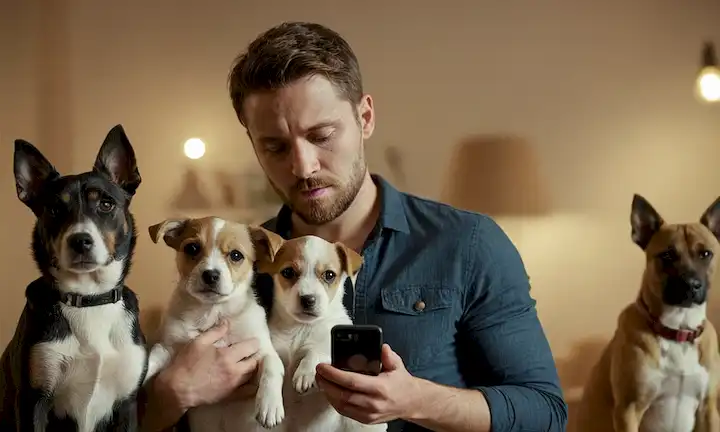 Un dueño de mascotas preocupado se encuentra frente a un fondo de redes sociales borroso, con una foto de perros perdidos cerca de su pecho, mientras sostiene un teléfono con una expresión preocupada, rodeado de pequeñas siluetas de perros huyendo