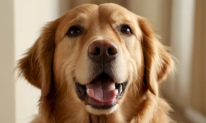 Primer plano de una cara de perros felices, raza de recuperadores de oro, ojos marrones grandes, orejas suaves, boca sonriente, atmósfera tranquila, luz natural, colores cálidos, fondo borroso, enfoque en los perros características