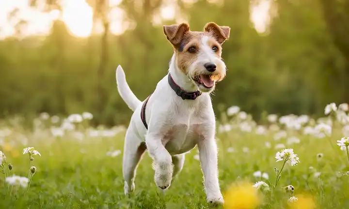 Un lúdico Fox Terrier con un abrigo corto, suave, ojos brillantes y orejas floppy, sentado o corriendo en un campo verde o parque rodeado de árboles, flores, o juguetes, transportando energía y alegría, contra un cálido fondo soleado, sin distracciones