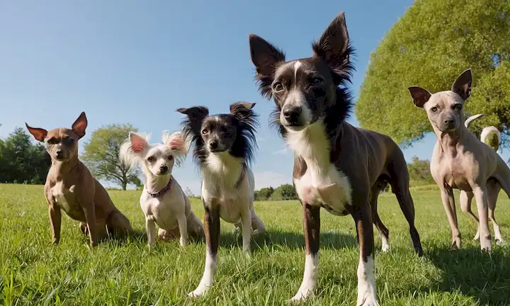 una fotografía de un grupo de perros con abrigos lisos, algunos sentados sobre hierba, otros corriendo en un campo, con razas como Xoloitzcuintli, China Crested, y Peruano Inca Orchid, contra un fondo soleado con cielos azules y vegetación