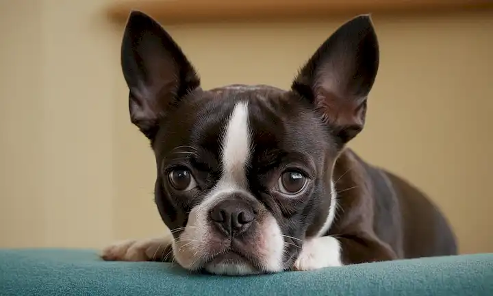 A Boston Terrier con un cuerpo compacto, piernas cortas y una cabeza redonda, coma, sus ojos brillando brillante y expresivo, coma, una expresión dulce y suave en su cara, coma, una construcción muscular, coma, sin piel o muy poca fluidez, coma, un pequeño tamaño