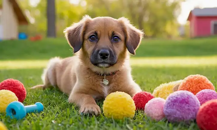 Un perro juguetono de tamaño pequeño con una cola rizada, rodeado de juguetes, en un entorno colorido, como un parque o patio trasero, con exuberante césped verde, un cielo soleado, y sin piel para ser visto, enfatizando su característica hipoalergénica