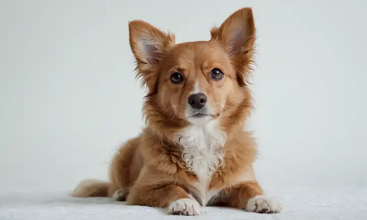 Un perro pequeño, de pelo rizado, con un abrigo suave y suave, ojos juguetonos, y una cola ondulante, rodeado de fondo blanco o de color crema, sentado o acostado en una pose relajada, mirando amistosa y accesible