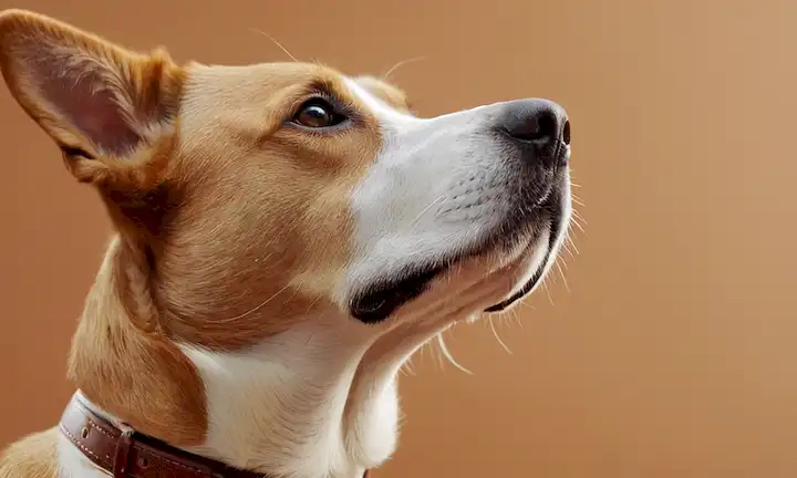 3D rendering of a dogs neck and head, dog looking up or to the side, cuello hueso visible, líneas sutiles o afeitado para indicar tensión, iluminación suave, fondo borroso, colores cálidos, perspectiva de acercamiento