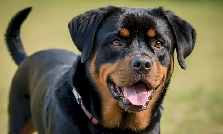 Un disparo de cerca de un Rottweiler llamado cuello Haileys con sus orejas hacia arriba, ojos enfocados en algo; su lengua está fuera y ligeramente hacia el lado, formando una forma S, en medio de un fondo borroso de manos o brazos que se mueven en movimientos rápidos; Hailey aparece asustado pero no agresivo