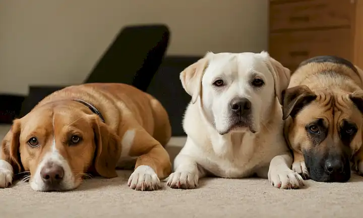 4 perros, diferentes razas y tamaños, con diversas expresiones faciales, acostados o sentados en sus patas traseras, con algunos de ellos inclinando sus cabezas a un lado, todos con una vista clara de una mano o dedos chiropractors en el proceso de aplicar presión en sus cuellos