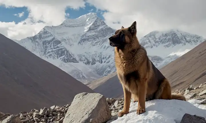 Perro de cabeza grande con capa gruesa, sentado en un terreno rocoso, rodeado de montañas cubiertas de nieve, bandera tibetana en el fondo, majestuosa y poderosa expresión
