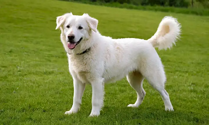 Gran perro blanco con recubrimiento rizado, de pie sobre hierba verde, orejas colgando en viento, patas masivas, cola ondulante, mirada juguetona, textura peluda, paisaje rústico